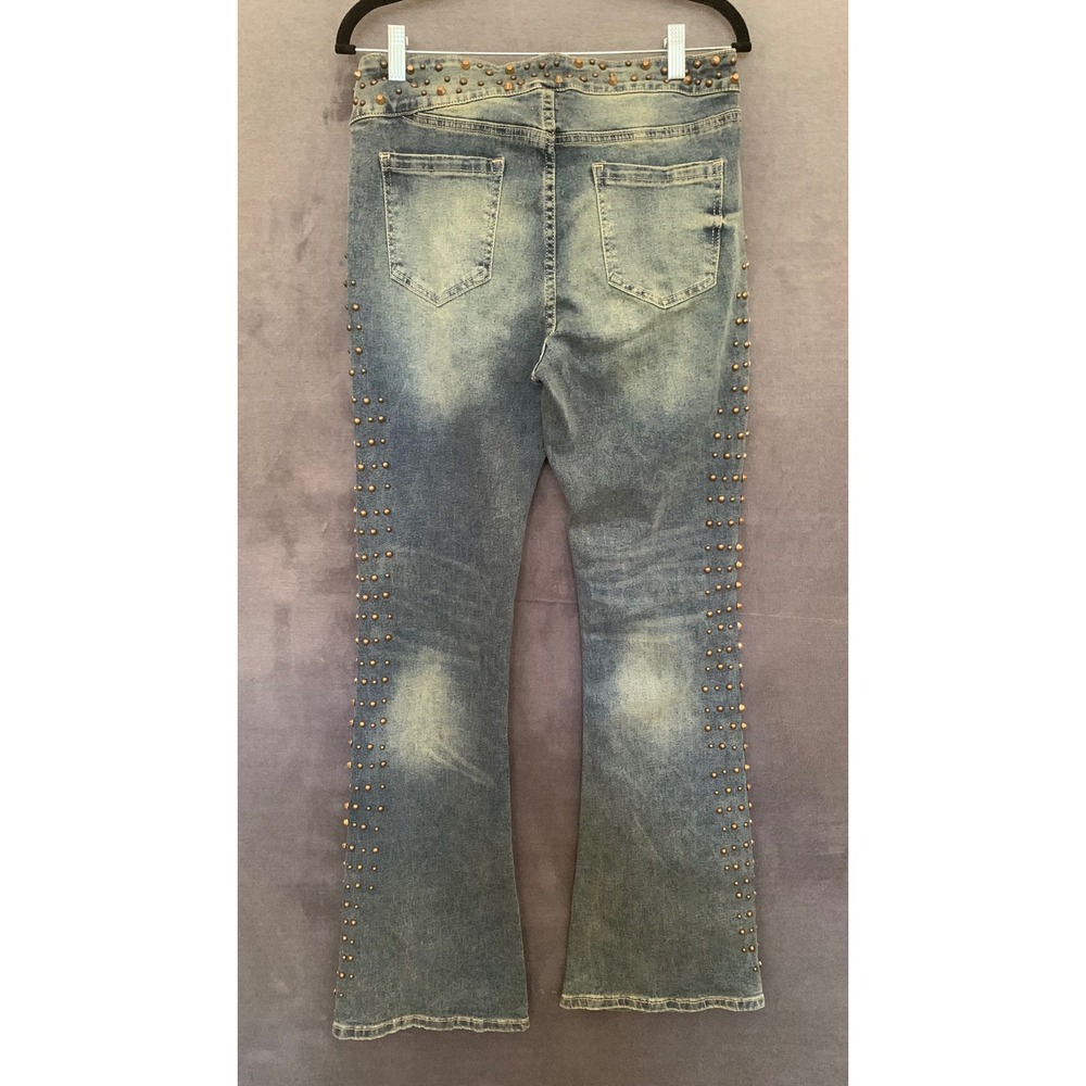 Fashion Nova Ayami Embellished Tinted Bootcut Jeans Vintage Wash Studded Size 13 - Picture 4 of 10
